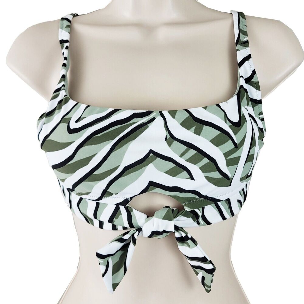 Bar III Bikini Top Size Medium Green White Geo Print Tie Front Womens